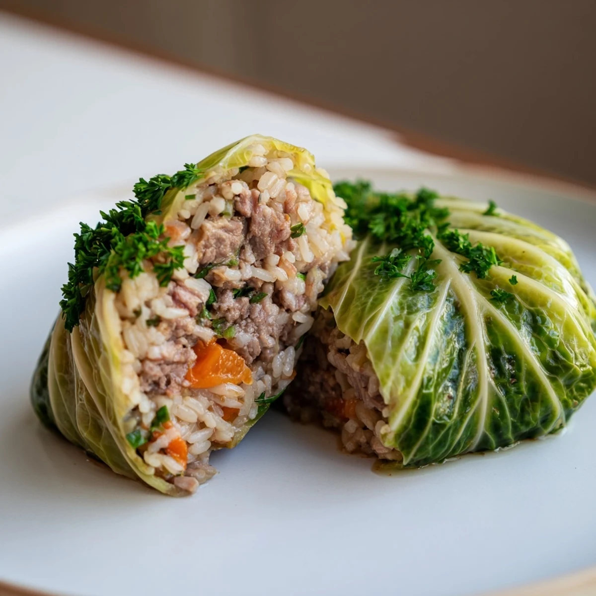Tender, flavorful Light Chou Farci: freshly baked cabbage rolls served with a delicious, light broth.