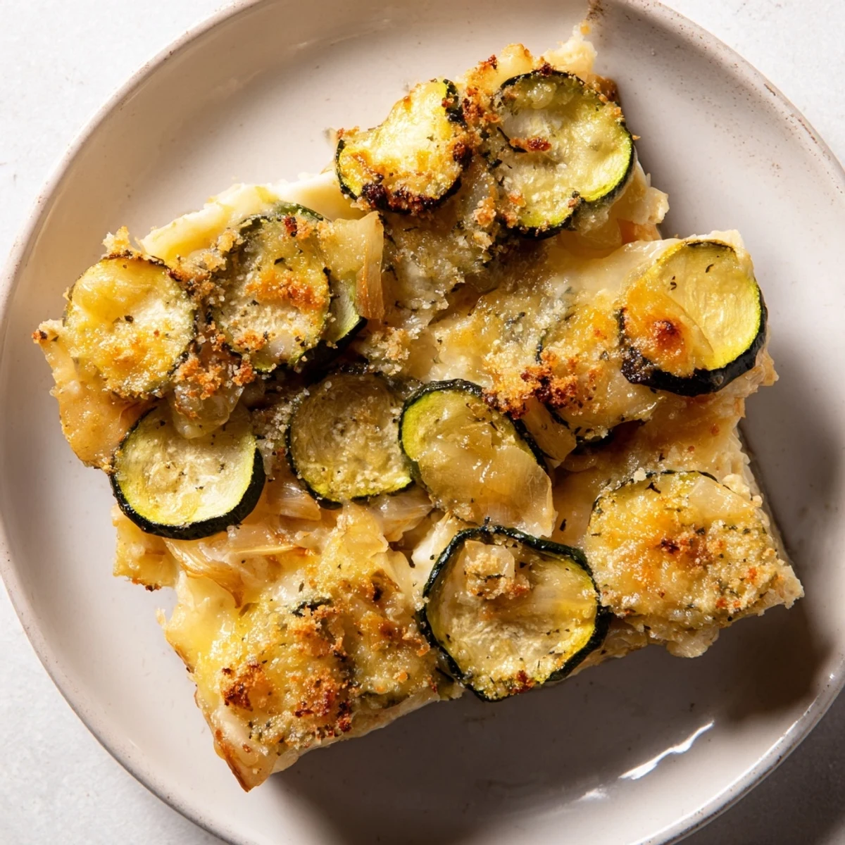 Golden-brown zucchini and cheese gratin, a bubbling, cheesy casserole ready to be served.