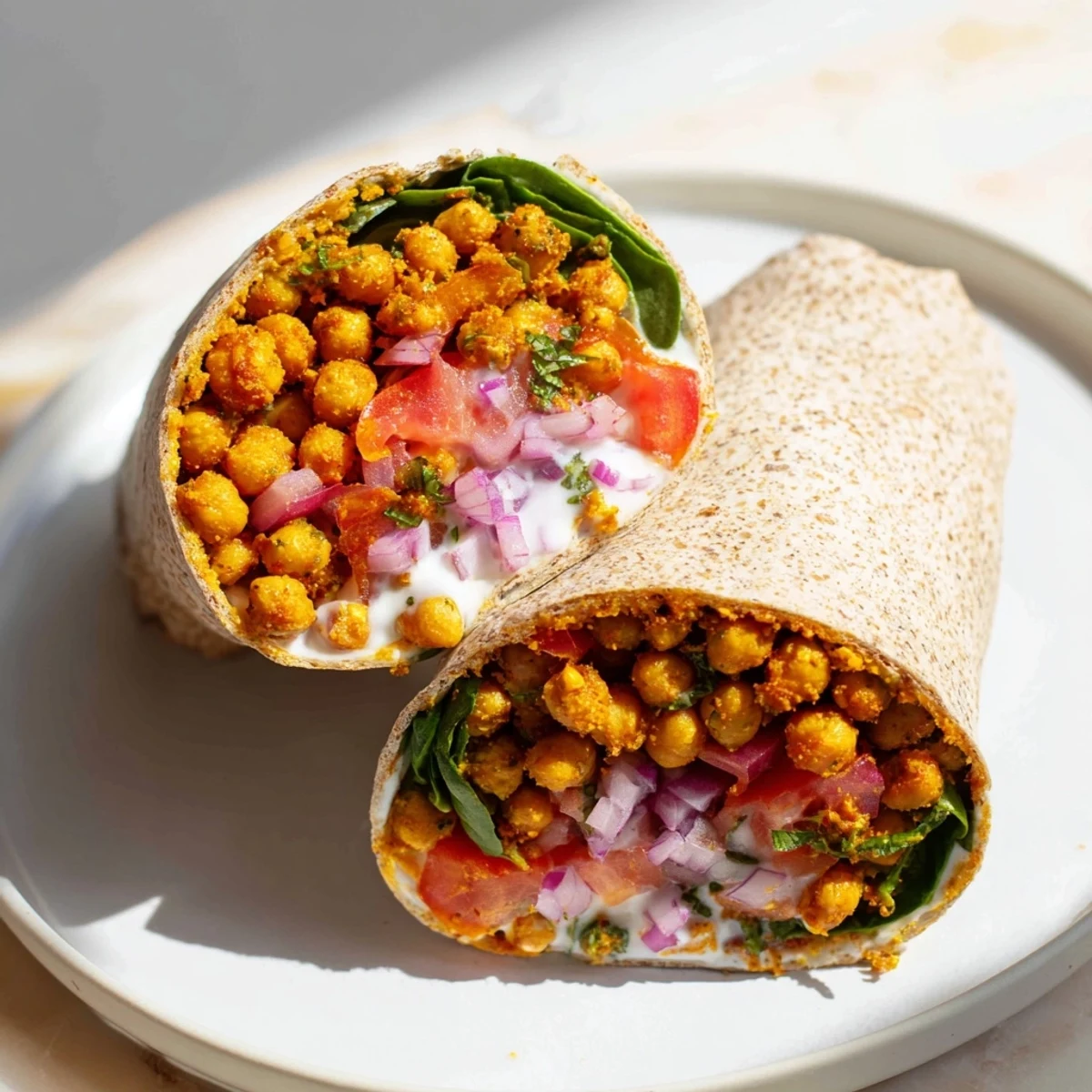 Tempting view of a Spiced Chickpea Sandwich Wrap, perfect for lunch or dinner, with a whole wheat tortilla.