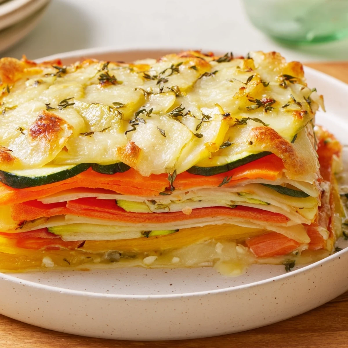 Elegant Winter Vegetable Mille-Feuille, layered with roasted vegetables and creamy cheese, perfect side.