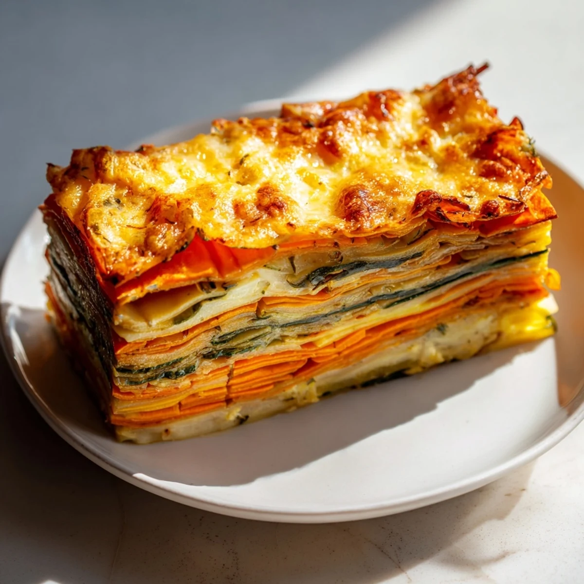 Golden, flaky Winter Vegetable Mille-Feuille showcases colorful, thinly sliced vegetables with aromatic thyme.