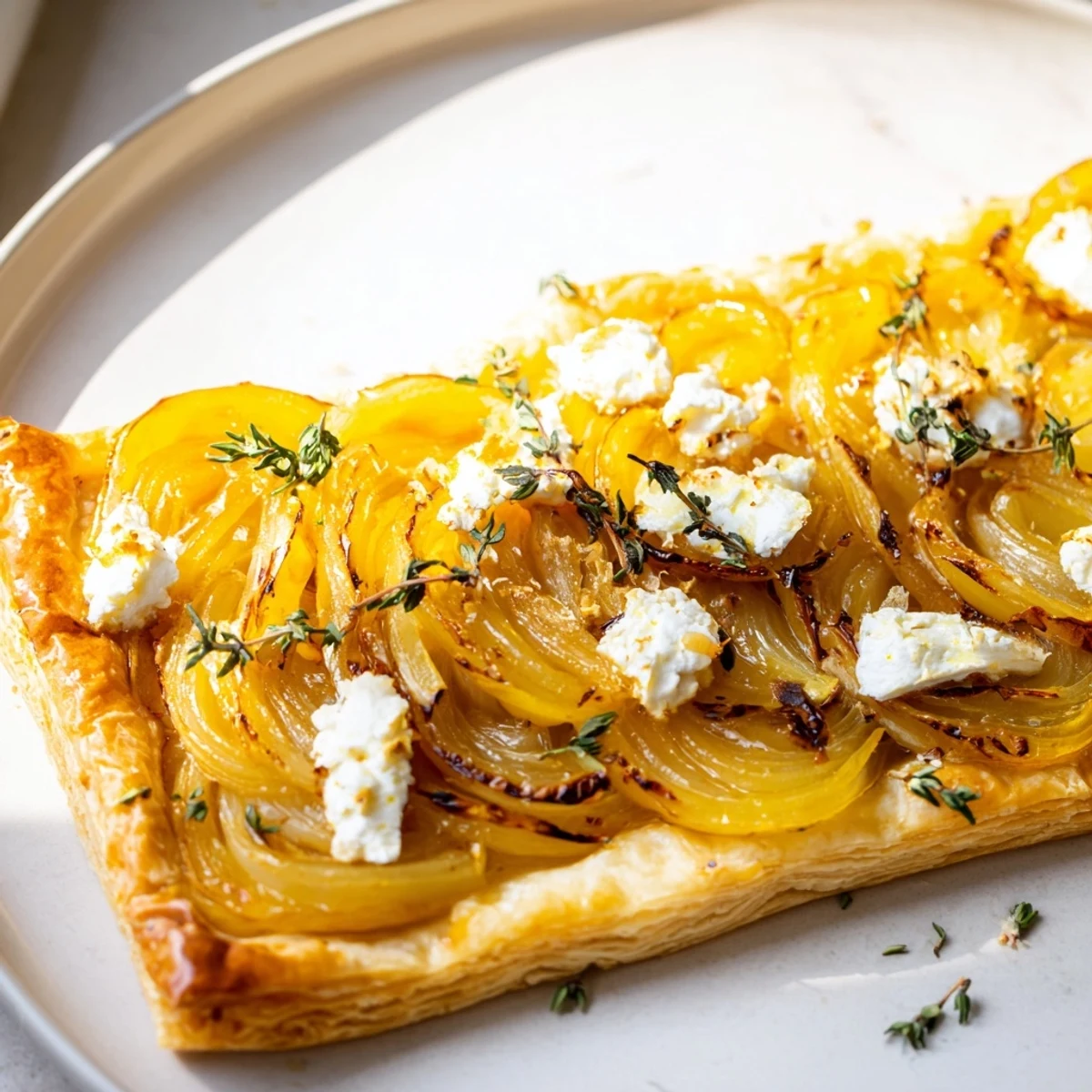 Golden-brown Caramelized Onion & Thyme Tart, flaky pastry with sweet onions and earthy thyme.