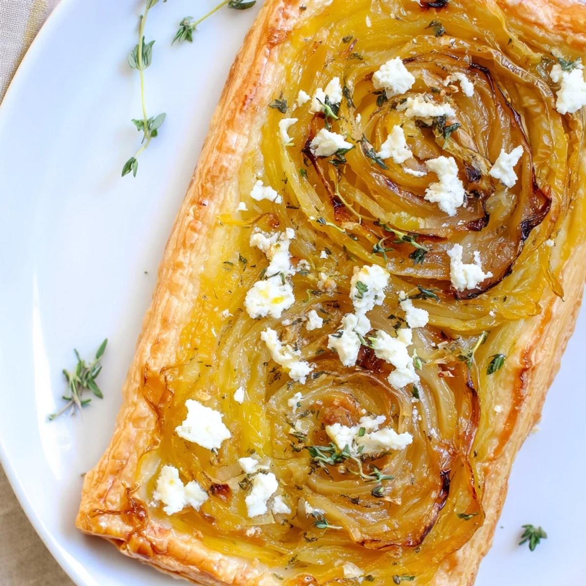 Warm and inviting, the Caramelized Onion & Thyme Tart is ready to be served, a French delight.
