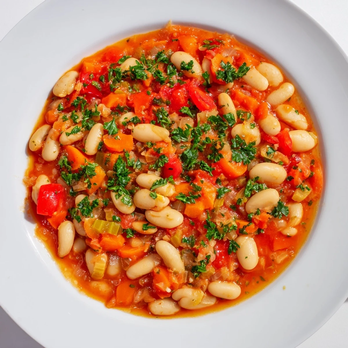 A steaming bowl of White Bean & Tomato Stew, garnished with fresh herbs, ideal for a comforting dinner.