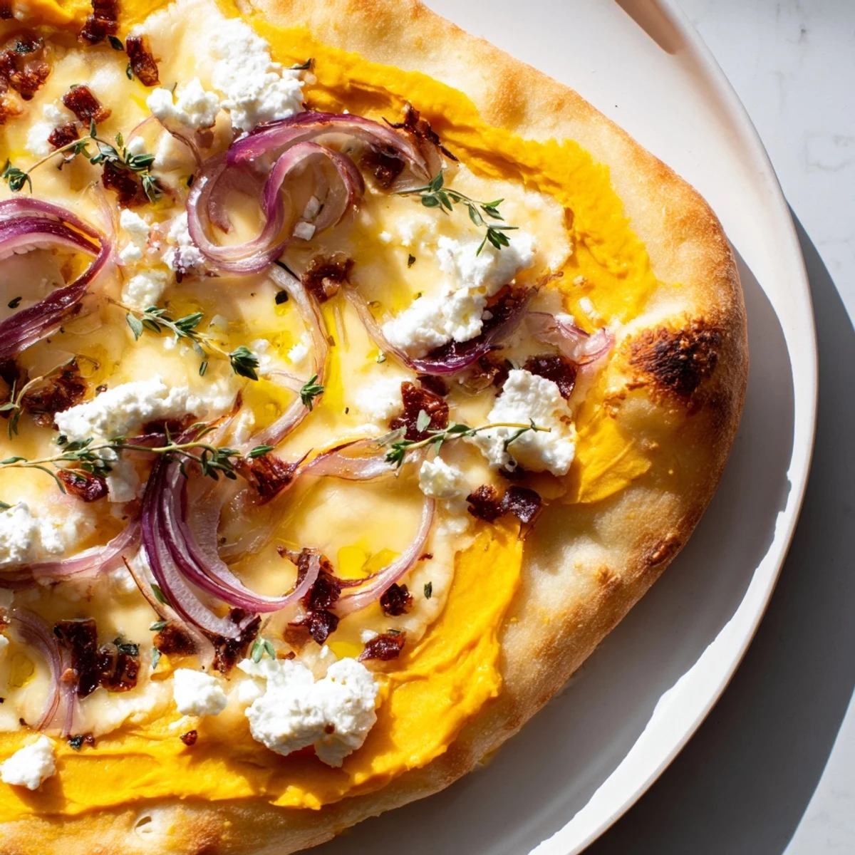 Sweet potato & cheese pizza, bubbling with melted cheese, ready to enjoy after baking.