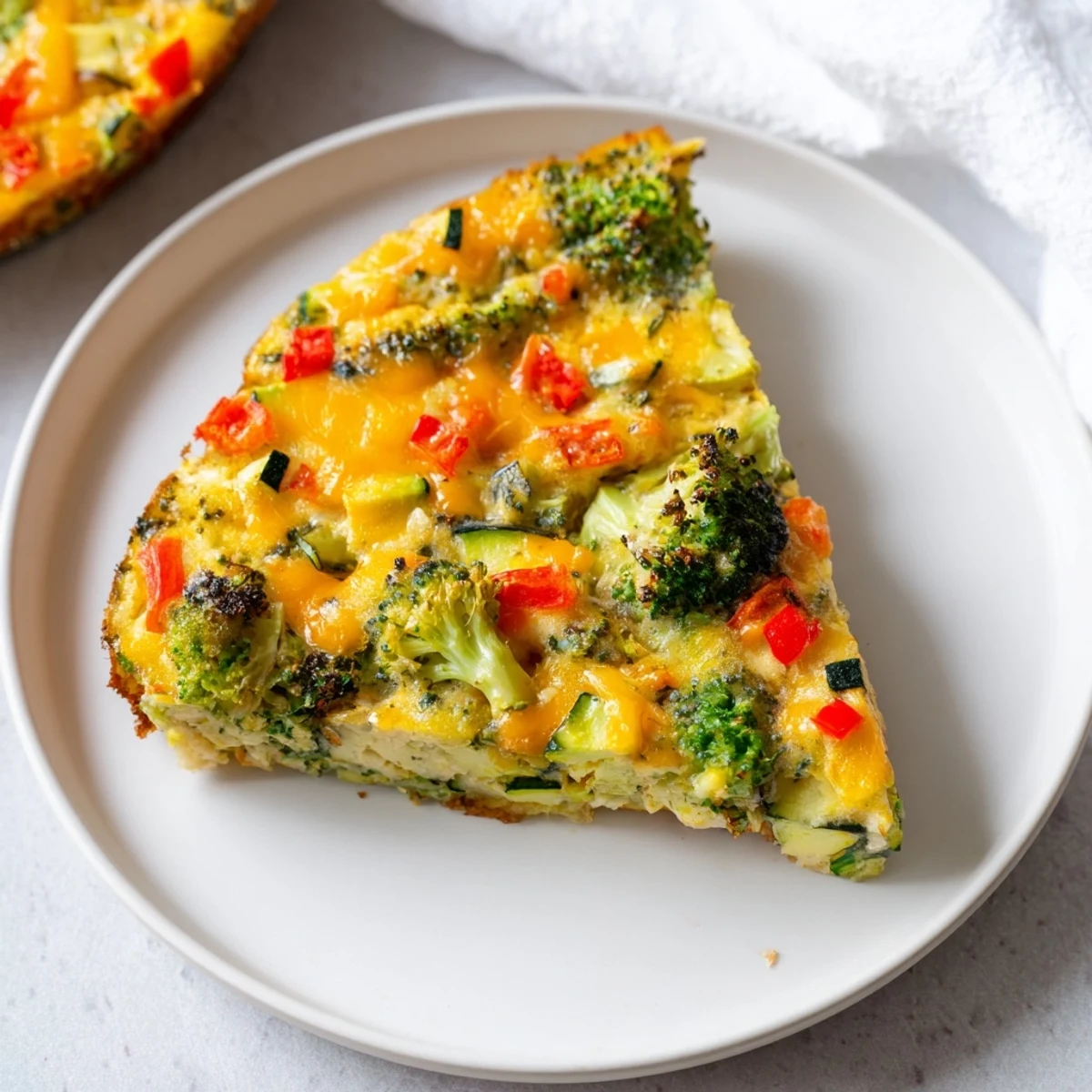 Golden-brown crustless veggie quiche, filled with colorful vegetables, ready for a delicious brunch.