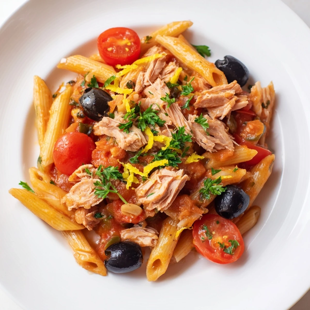 Plate of delicious Tuna, Olive, and Tomato Pasta, a comforting Italian meal, ready to serve.