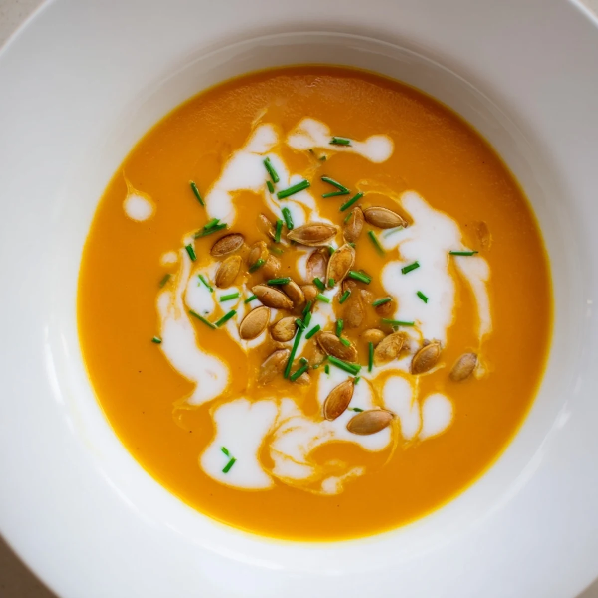 Velvety orange Velouté de Potimarron, inviting you in with its delicious aroma and creamy texture.