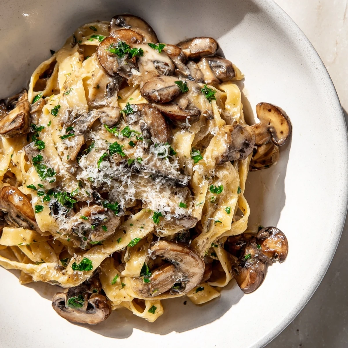 A close-up of mushroom pasta with light cream, garnished with fresh parsley and Parmesan cheese.