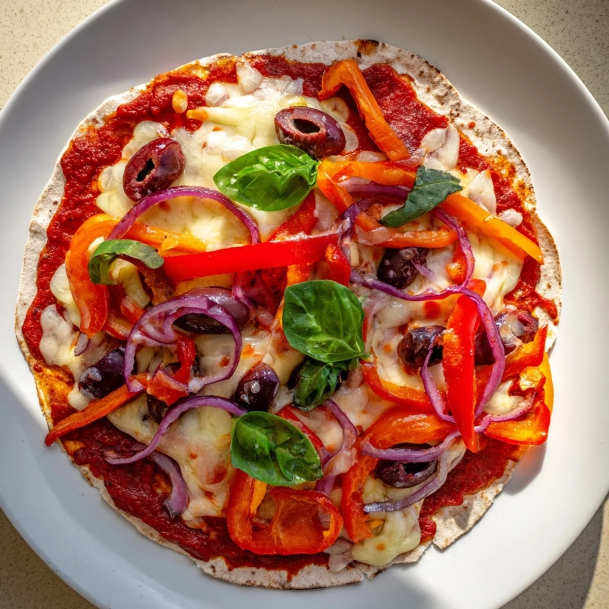 Crispy Homemade Tortilla Pizza with bubbling cheese, savory sauce, and vibrant vegetable toppings.