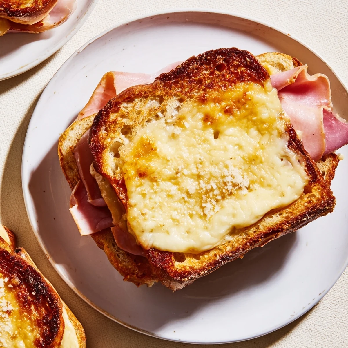 Golden, bubbly oven-baked Croque Monsieur with melted cheese and crispy bread, perfect for brunch.