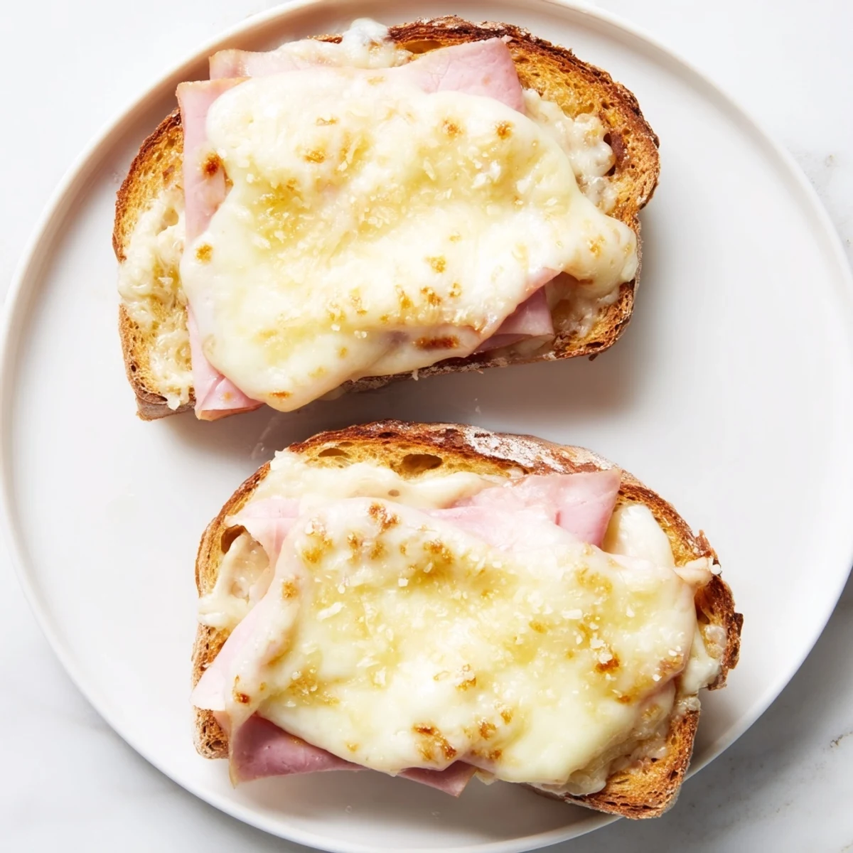 A close-up of a delicious oven-baked Croque Monsieur, showcasing the melted cheese and ham filling.