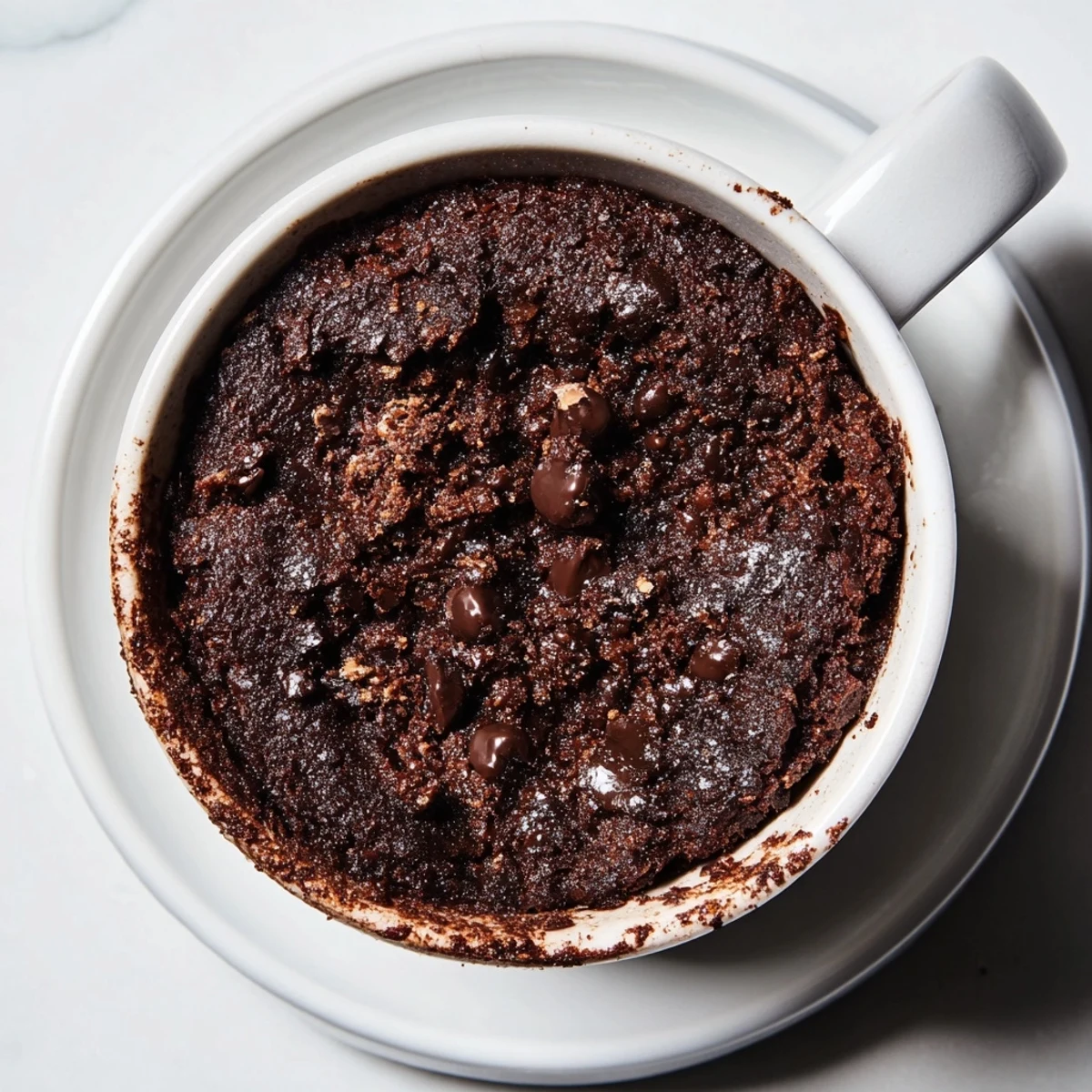 A steaming chocolate mug cake fresh from the microwave, ready for a quick dessert.