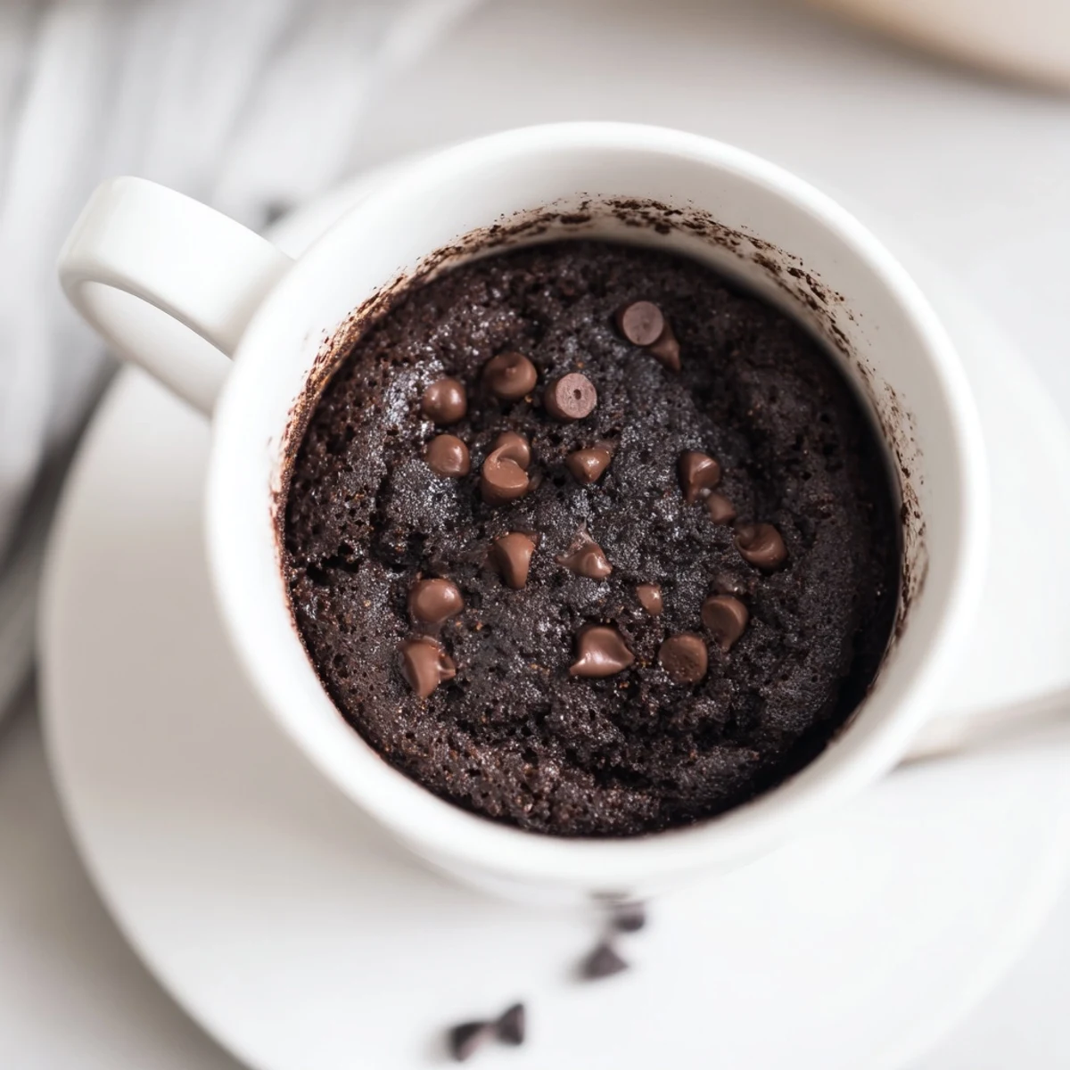 Warm, chocolatey quick mug cake in a white mug, perfect for a late-night treat, maybe with ice cream.