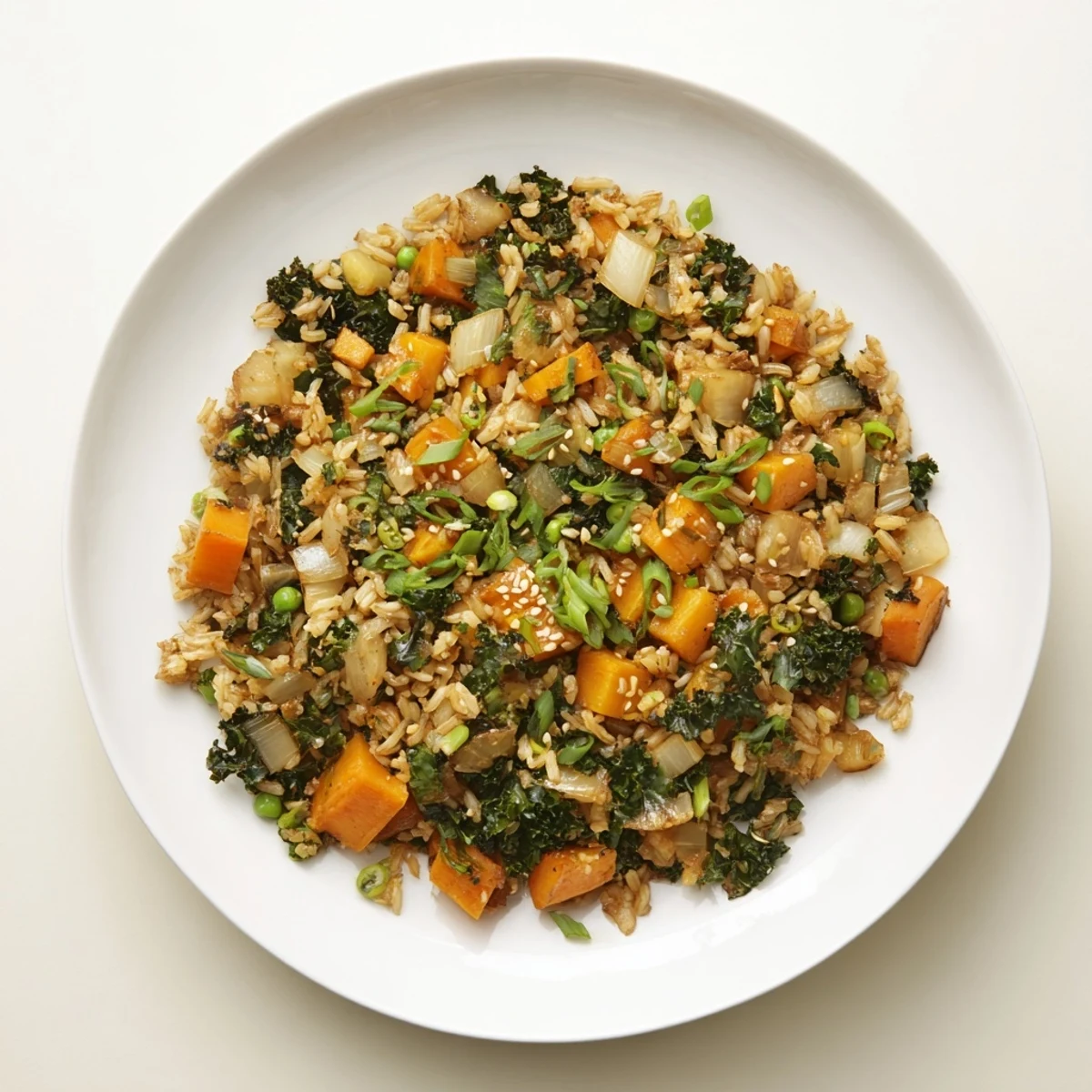 Steaming bowl of winter vegetable fried rice, filled with vibrant veggies and flavorful spices.