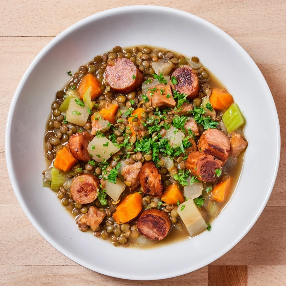 Fragrant Potée aux Lentilles, showcasing rustic French stew with lentils, vegetables, and savory sausage.