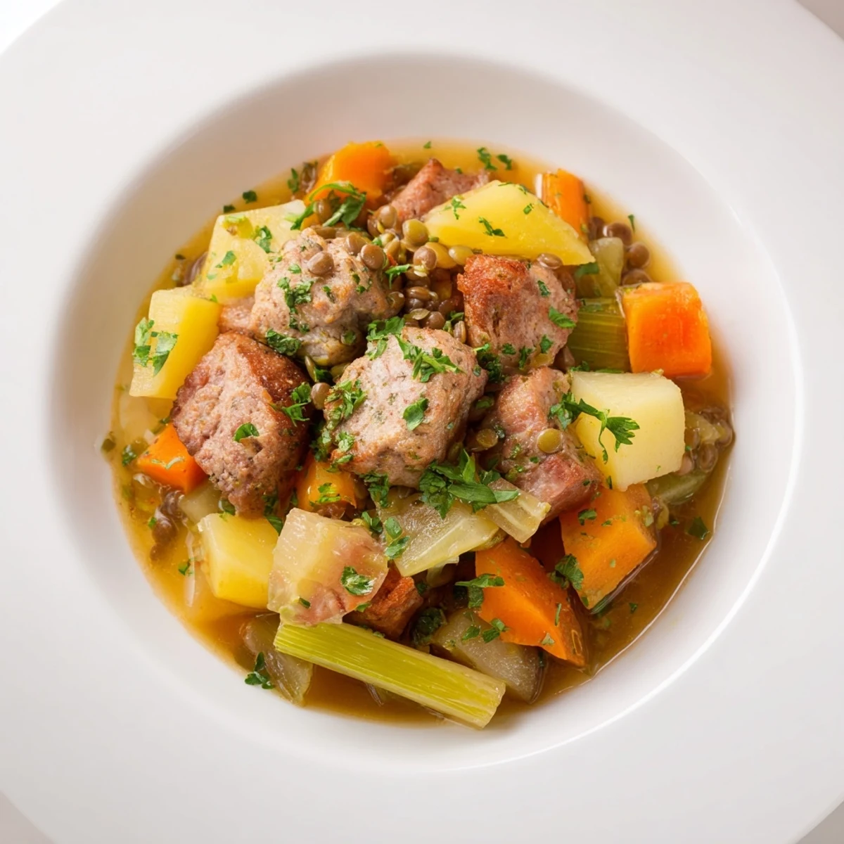 A close-up of the delicious Potée aux Lentilles, simmered with bacon, making for a hearty meal.