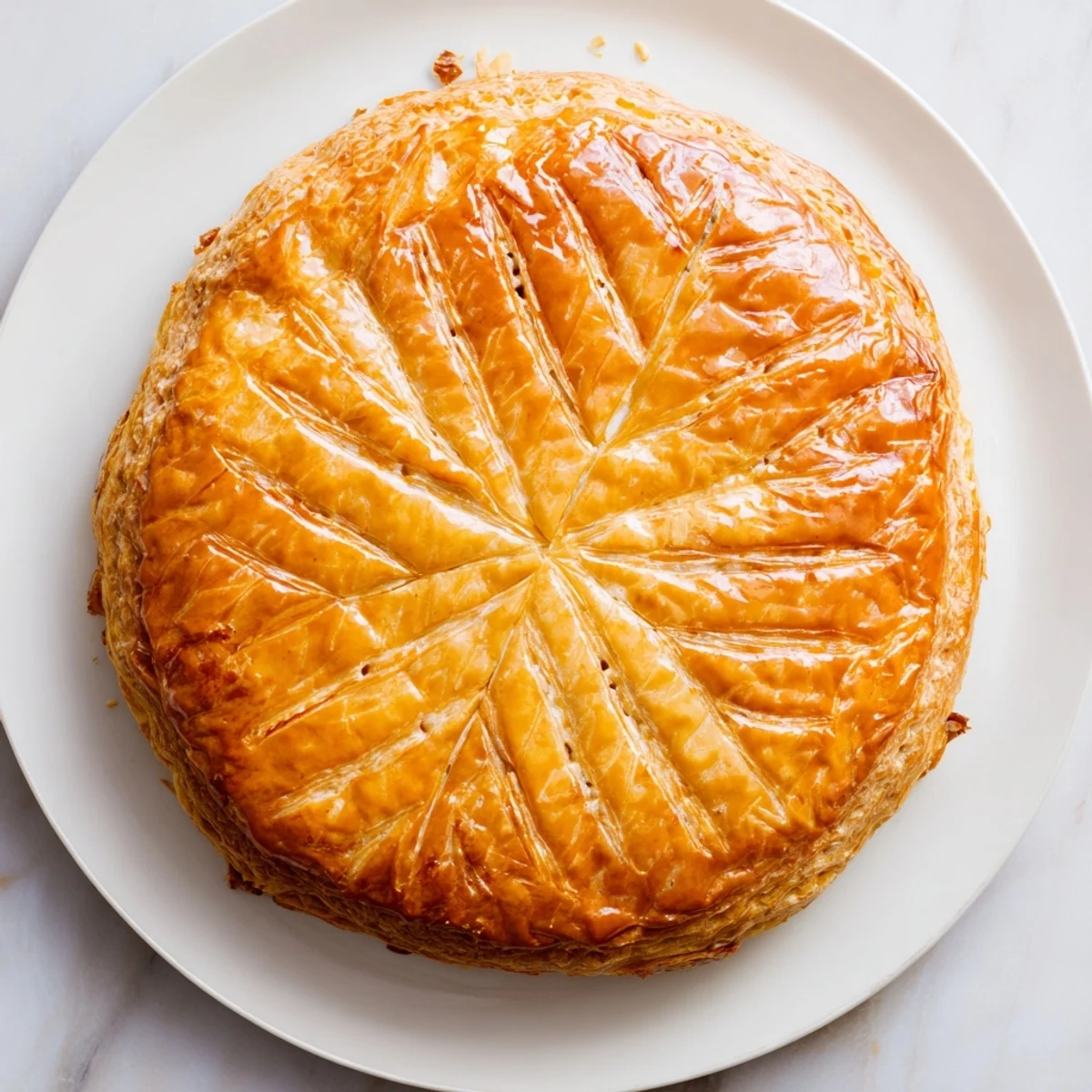 Close-up of a delightful Galette des Rois, the classic French Epiphany cake with a festive design.