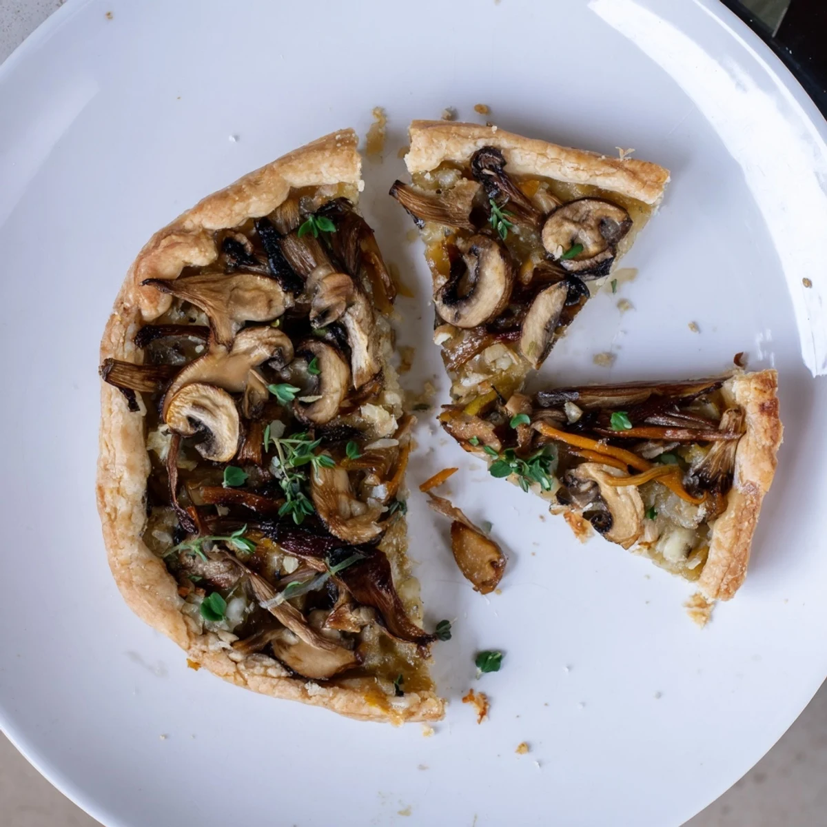 Enjoy a slice of homemade Rustic Mushroom & Shallot Tart, filled with savory, earthy flavors.