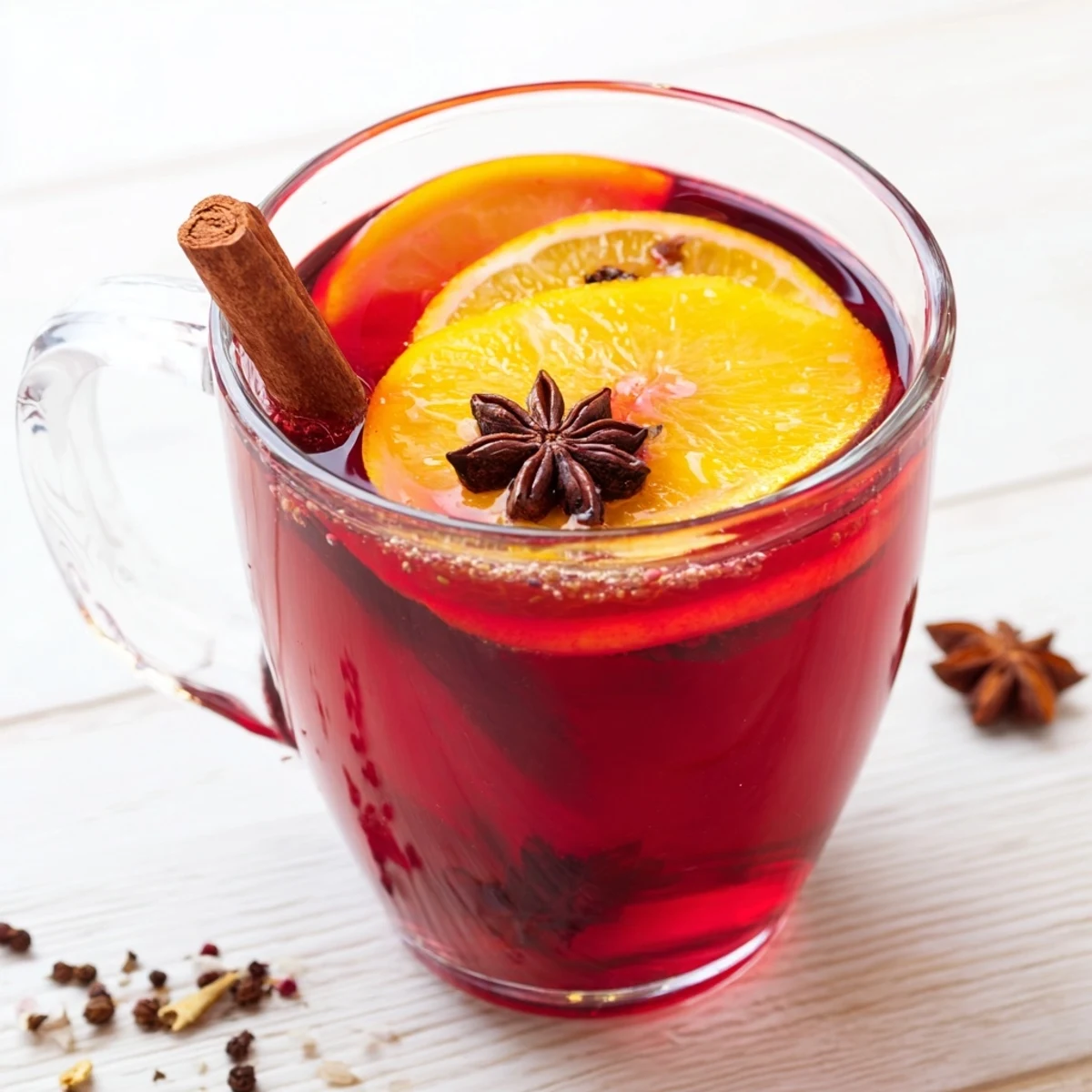 Steaming mugs of Fast & Flavorful Spicy Vin Chaud, garnished with orange slices and cinnamon sticks.