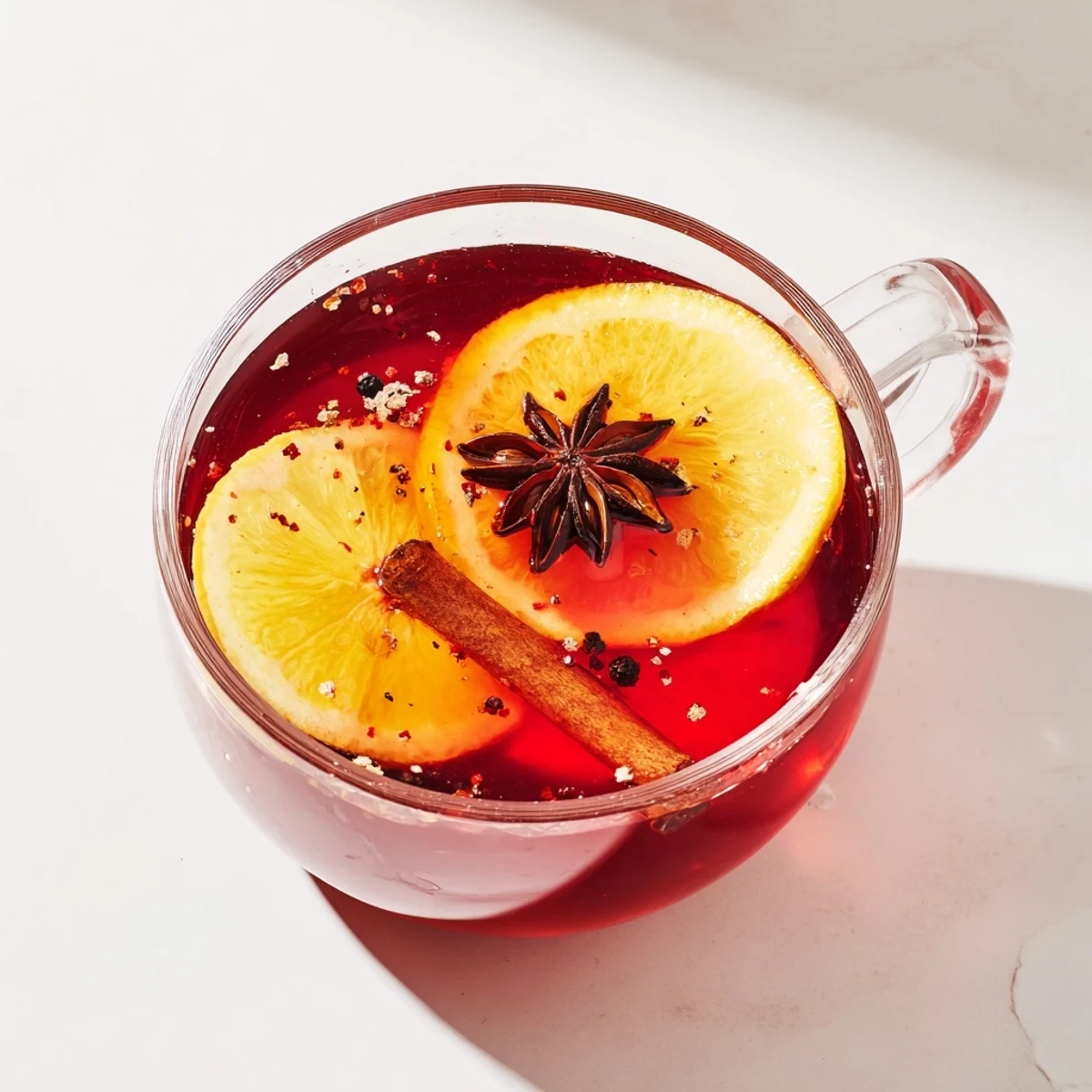 Dark red, delicious Fast & Flavorful Spicy Vin Chaud in a saucepan, infusing with spices.