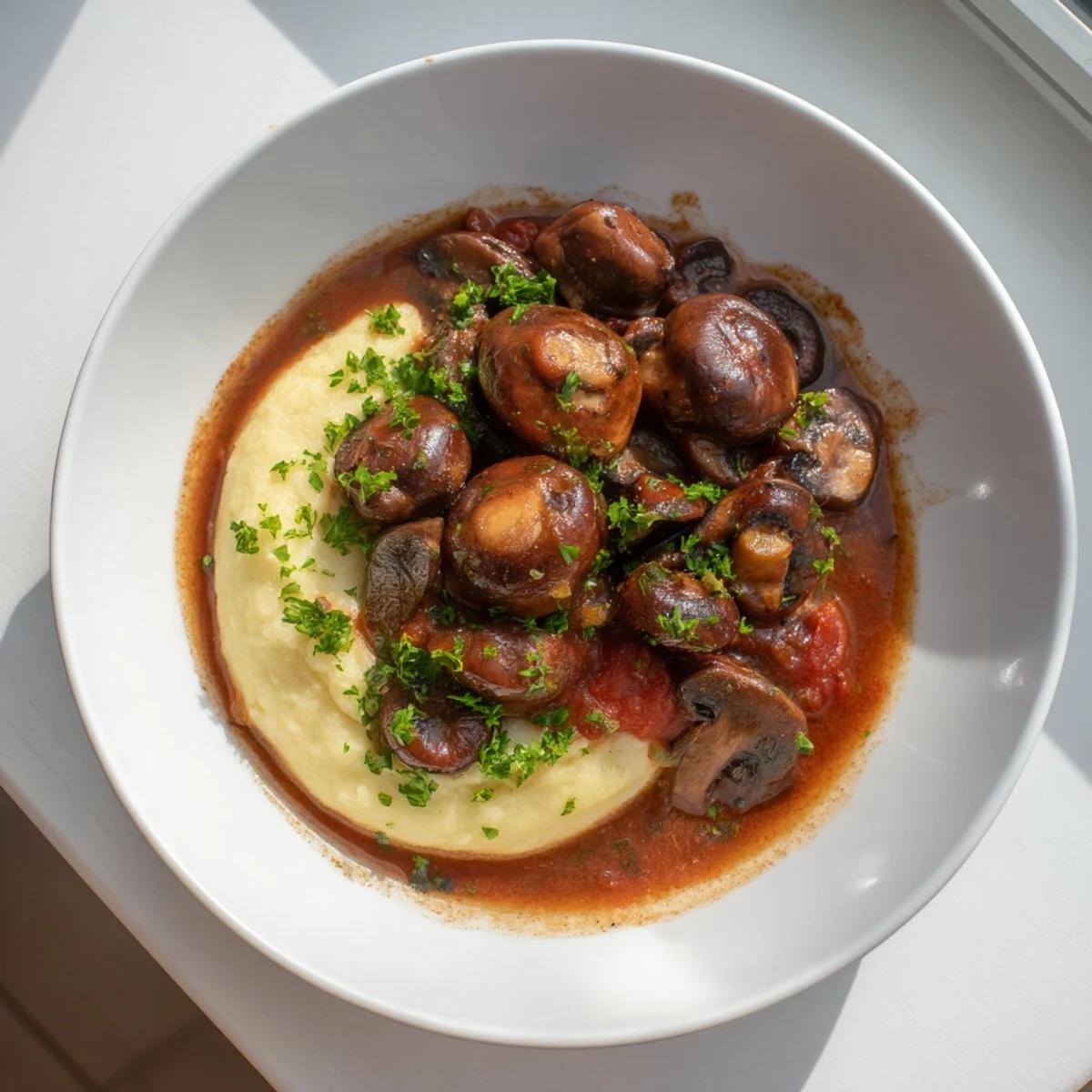 A hearty bowl of rich mushroom stew, savory aromas rising from the steaming vegetables.