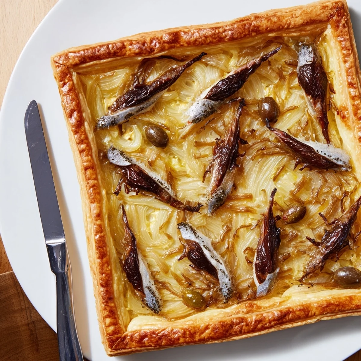 Golden-crusted Classic Onion Pissaladière Tart topped with glistening anchovies and savory olives.