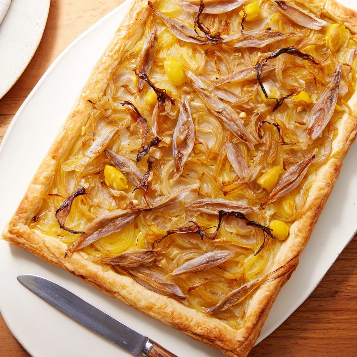 Close-up of a rustic and delicious Classic Onion Pissaladière Tart, ready to slice and enjoy.