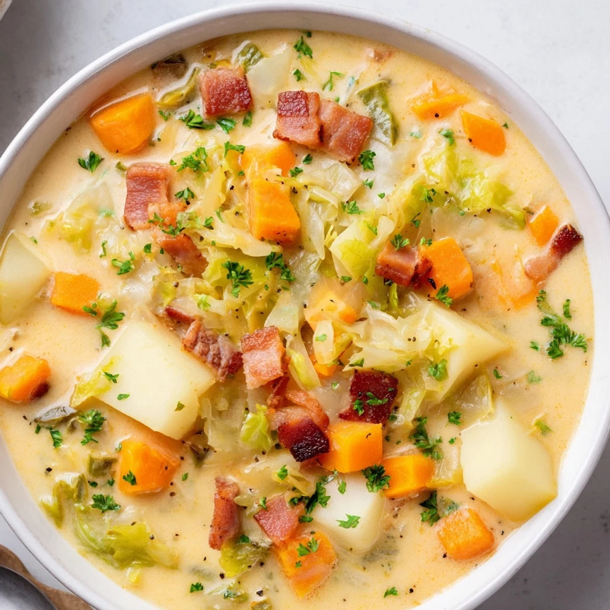 Golden, bubbly cheese melts over the hearty Viral Cheesy Cabbage & Bacon Soup with crispy bacon.