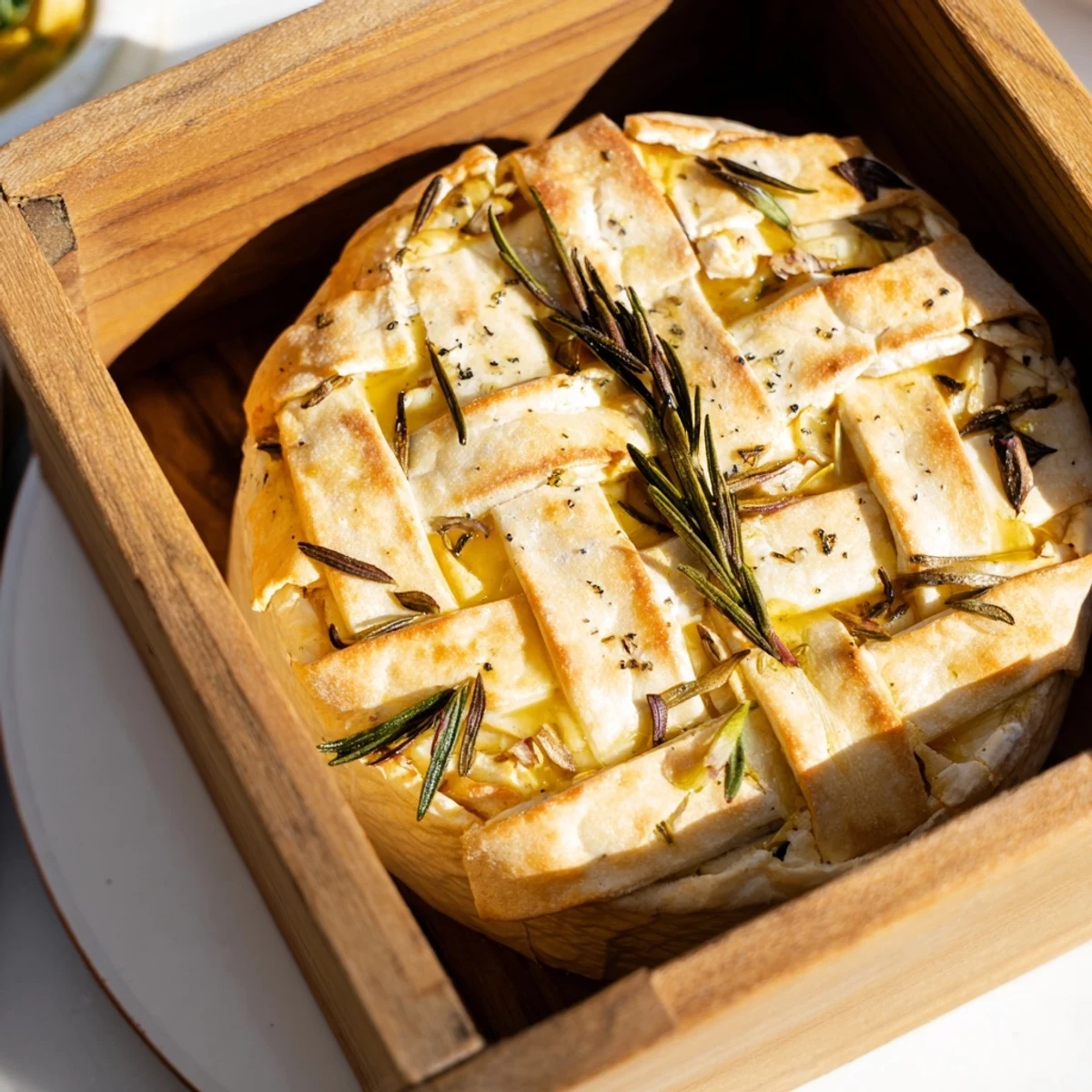 Golden, melted The Ultimate Baked Camembert, ready to scoop with crispy baguette slices for sharing.