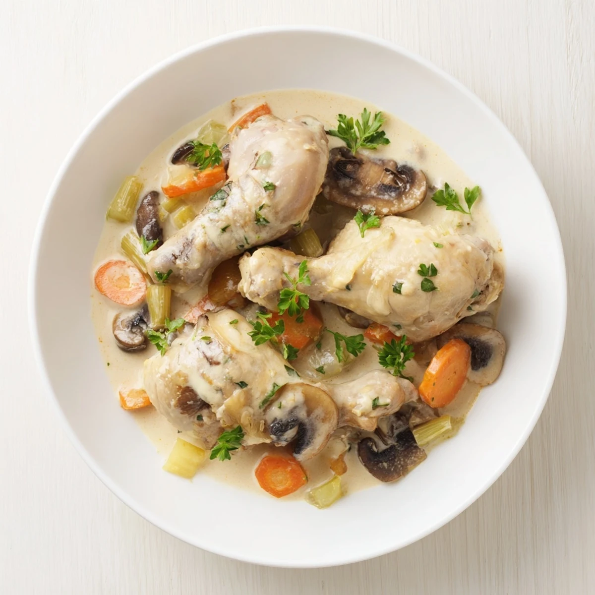 A creamy, one-pot Chicken Fricassee with tender chicken, vegetables, and a rich, white sauce.