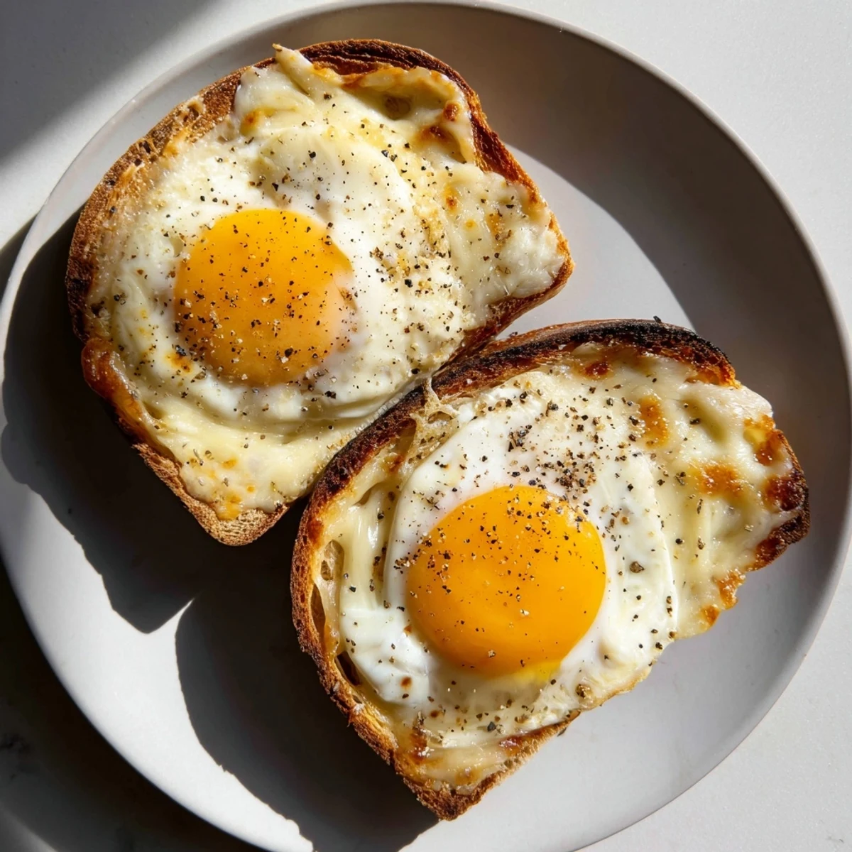 Golden, bubbly Gruyère tops the simple 3-Ingredient Croque Madame toast, ready for a runny egg.