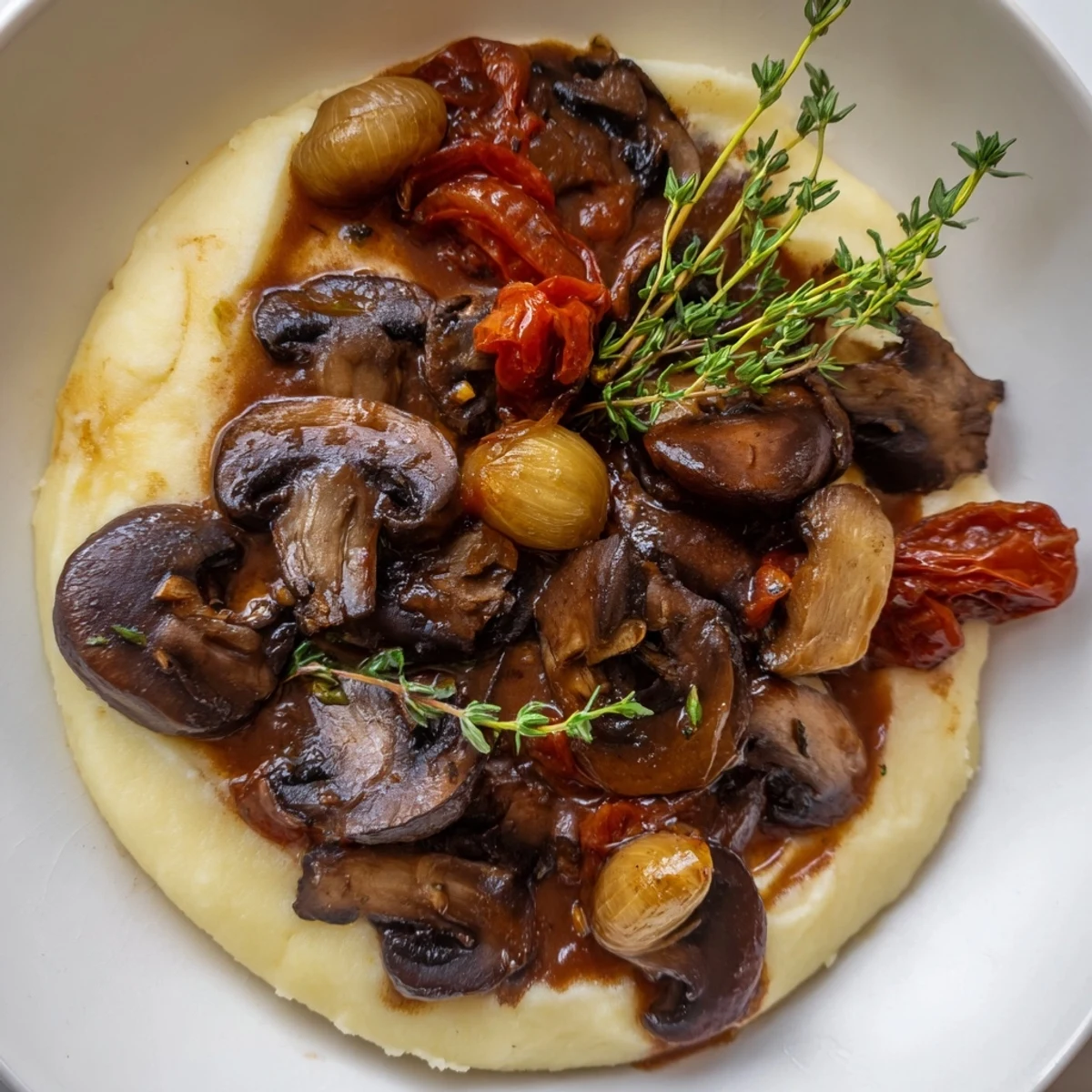 Aromatic Rustic Mushroom and Shallot Stew, served over creamy, smooth mashed celeriac.
