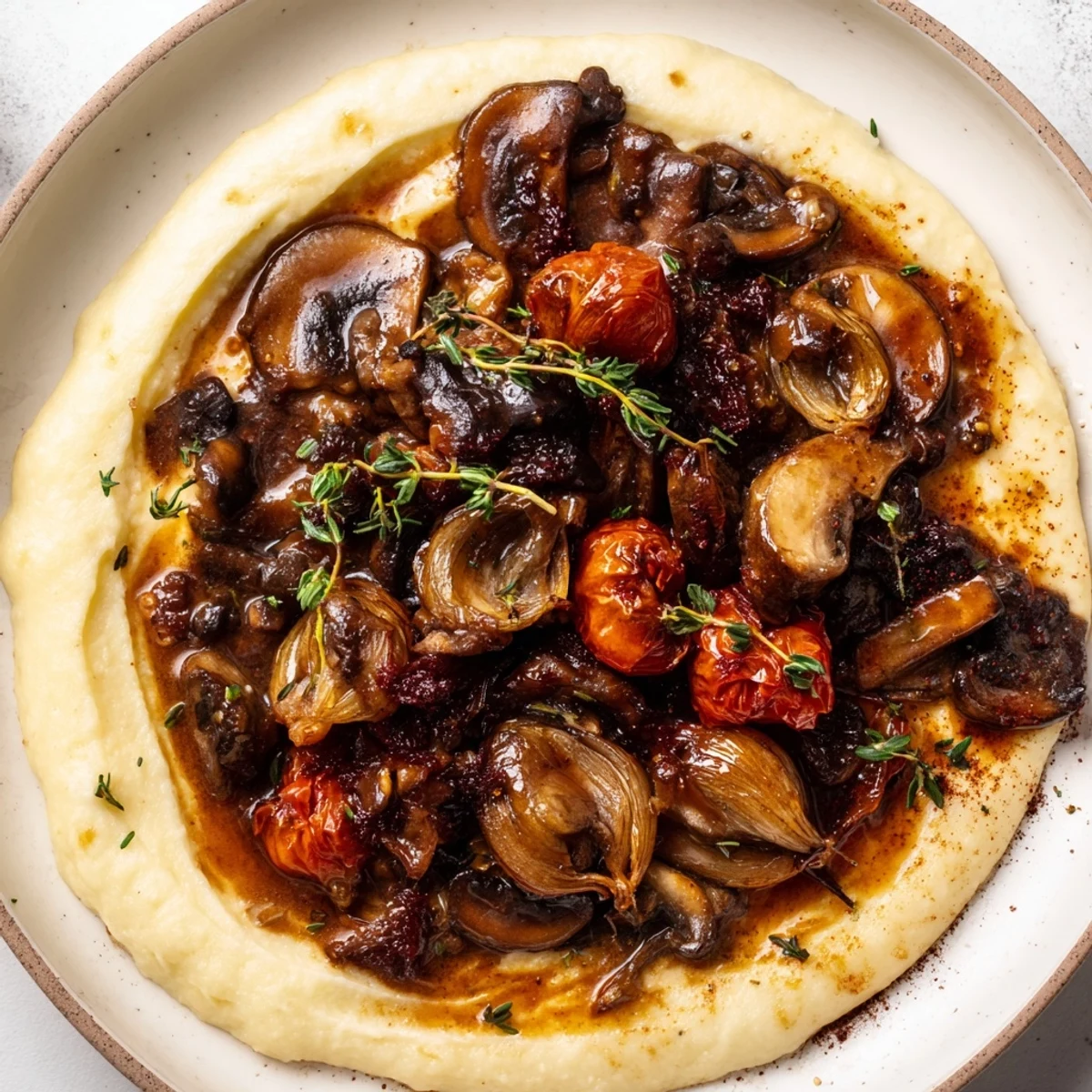 Garnished view of Rustic Mushroom and Shallot Stew, perfect for a cozy, flavorful dinner.