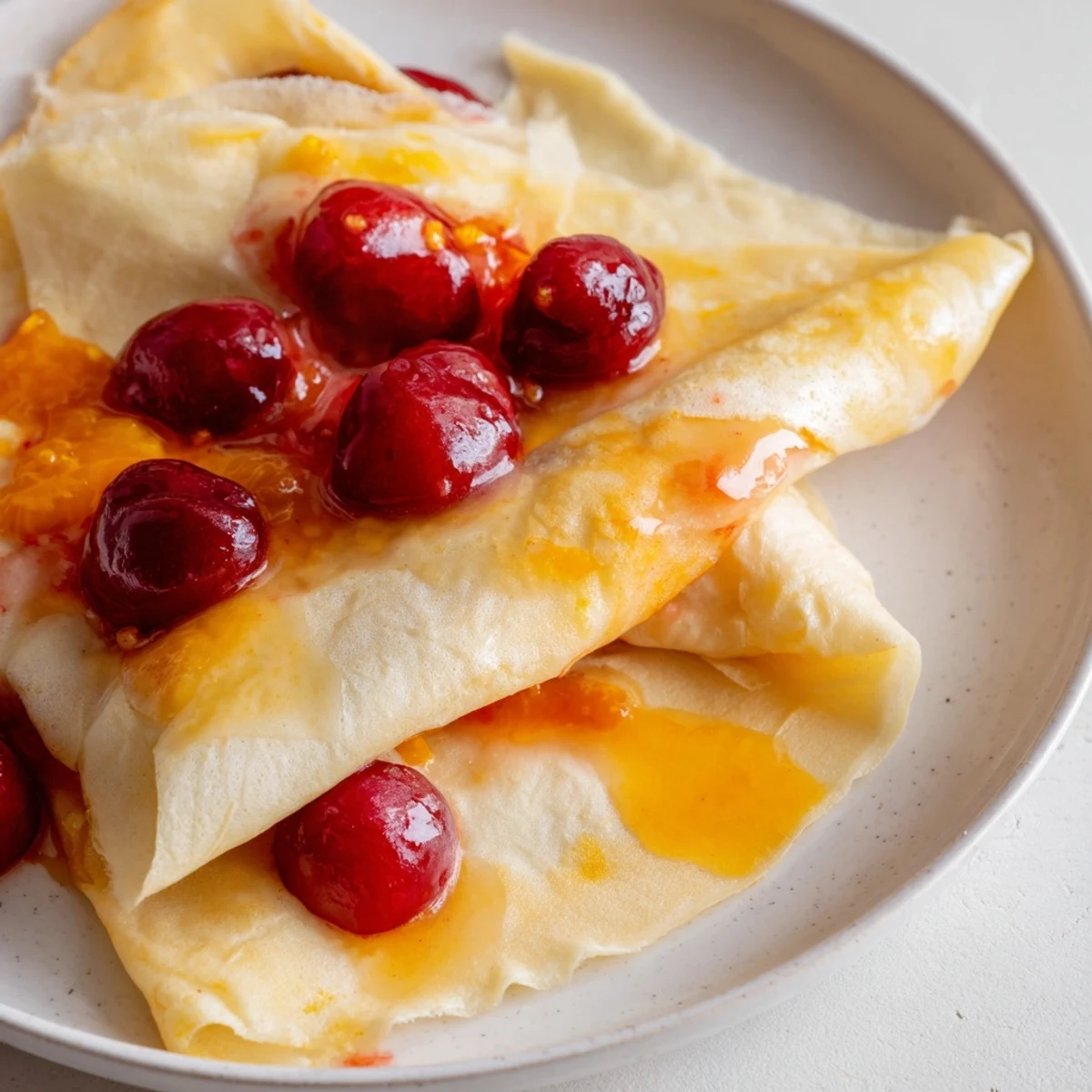 Golden crêpes bathed in cherry-orange sauce, a delicious Elegant Cherry-Coded Crêpe Suzette dessert.