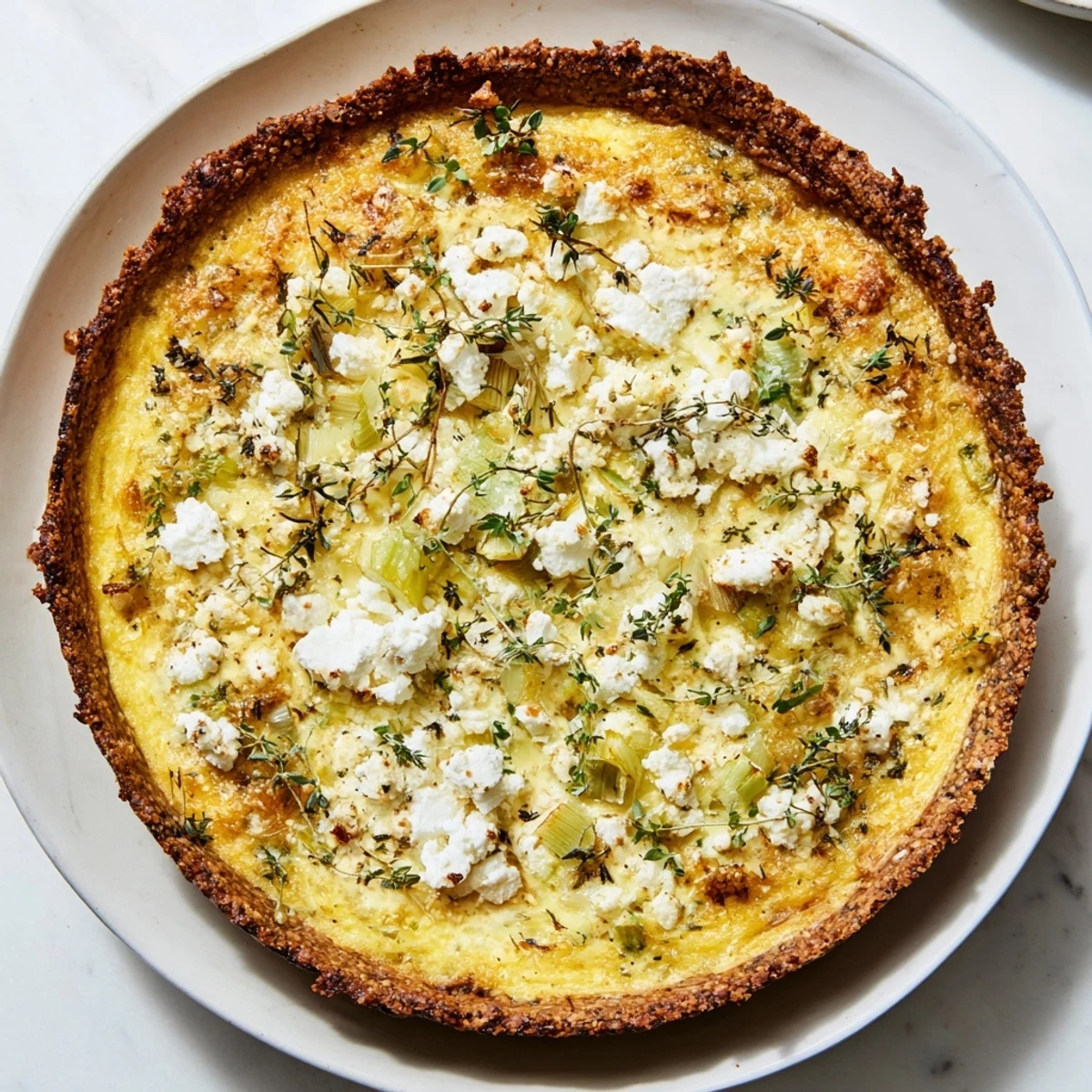 Savory potato crust leek and goat cheese quiche, golden brown and ready to serve.