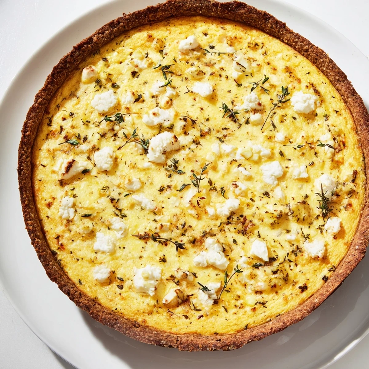 A slice of fluffy potato crust leek and goat cheese quiche garnished with fresh thyme.