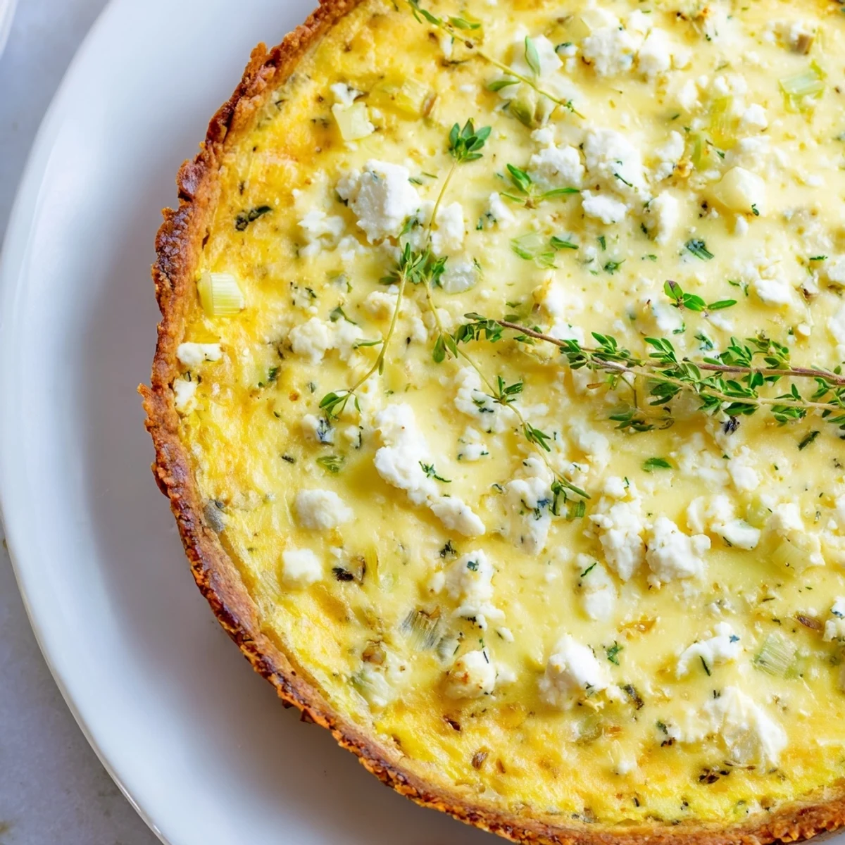 Close-up of the creamy filling in a potato crust leek and goat cheese quiche.