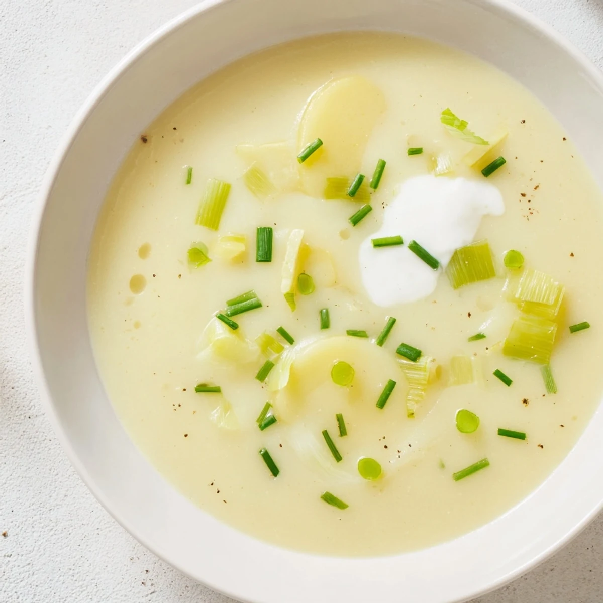 A bowl of Grandma's Creamy Leek & Potato Soup, garnished with fresh chives, ready to eat.