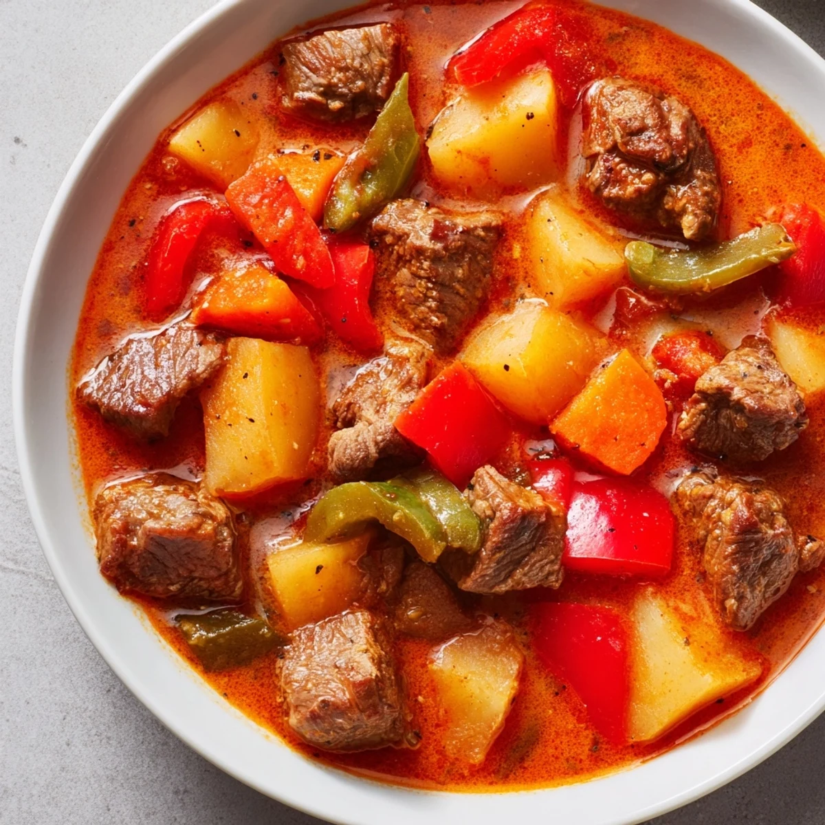 Steaming hot homemade beef goulash, served in bowls with slices of fresh, crusty bread.