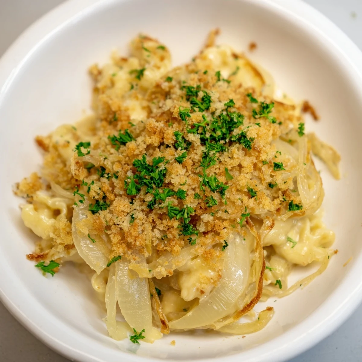 Golden-brown crust tops the bubbling One-Pot French Onion Mac and Cheese Bake, a comforting delight.