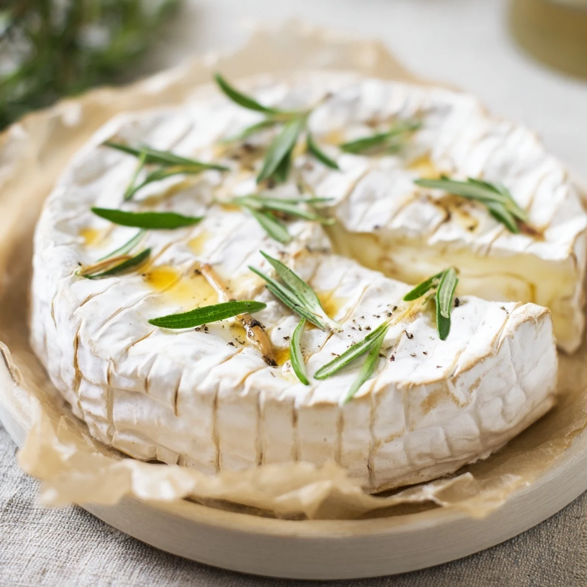 A full, golden wheel of The Ultimate Baked Camembert Dip, bubbly and ready for dipping.