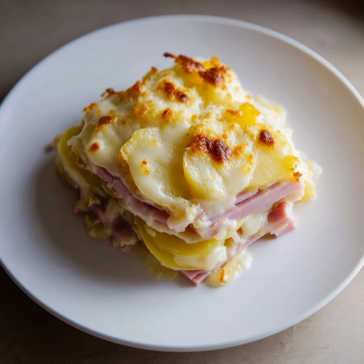 A bubbly Parisian Ham & Cheese Gratin with melted Gruyère, showcasing golden, tender potato layers.