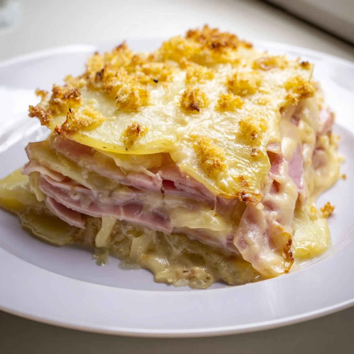 This flavorful Parisian Ham & Cheese Gratin shows layers of ham, potatoes, and cheese, ready to enjoy.