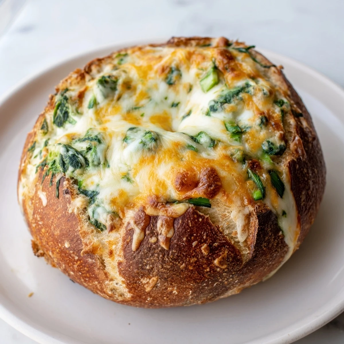 A warm, cheesy view of Viral Hot Cheesy Spinach Dip served in a toasted bread bowl.