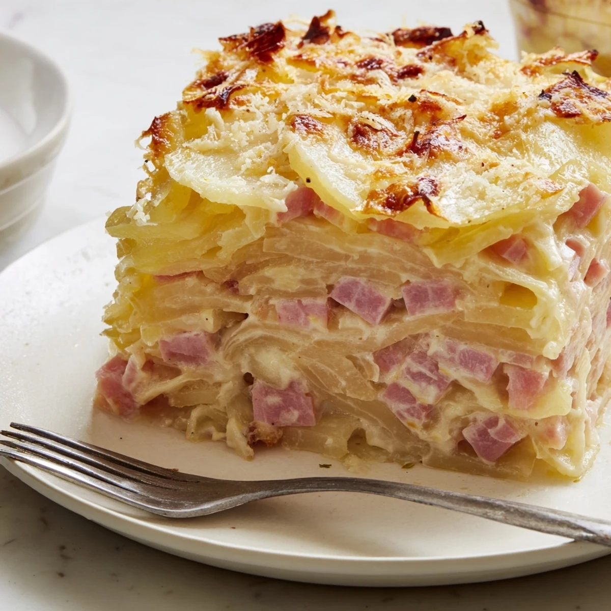 Golden-brown Creamy Potato and Smoked Ham Gratin, bubbling from the oven, ready to serve for dinner.