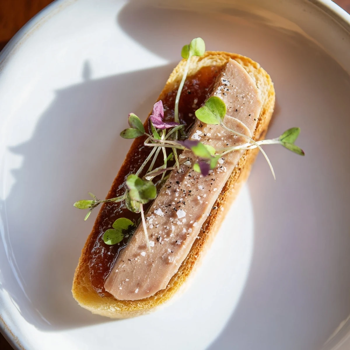 Golden-brown Express Foie Gras Crostini, topped with rich, creamy foie gras and sweet fig jam, ready to enjoy.