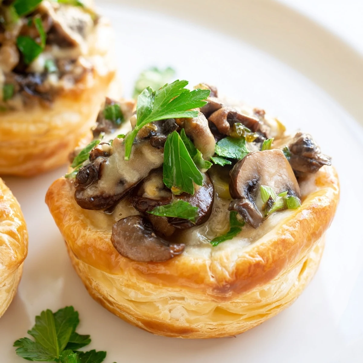 Elegant appetizer: savory Quick Truffle Oil Mushroom Vol-au-Vents with fresh parsley garnish.