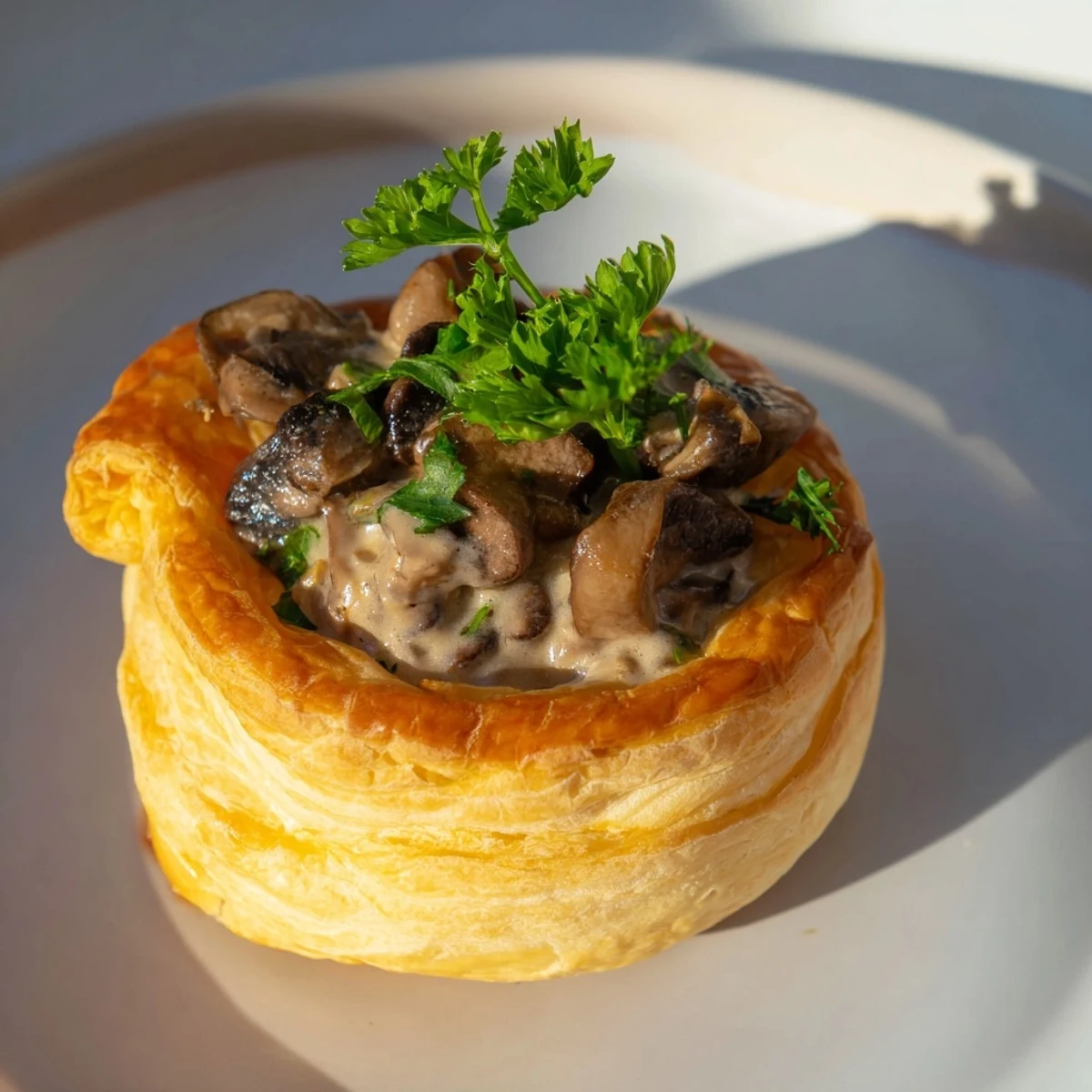 Hot, freshly-made Quick Truffle Oil Mushroom Vol-au-Vents, perfect for a special occasion.