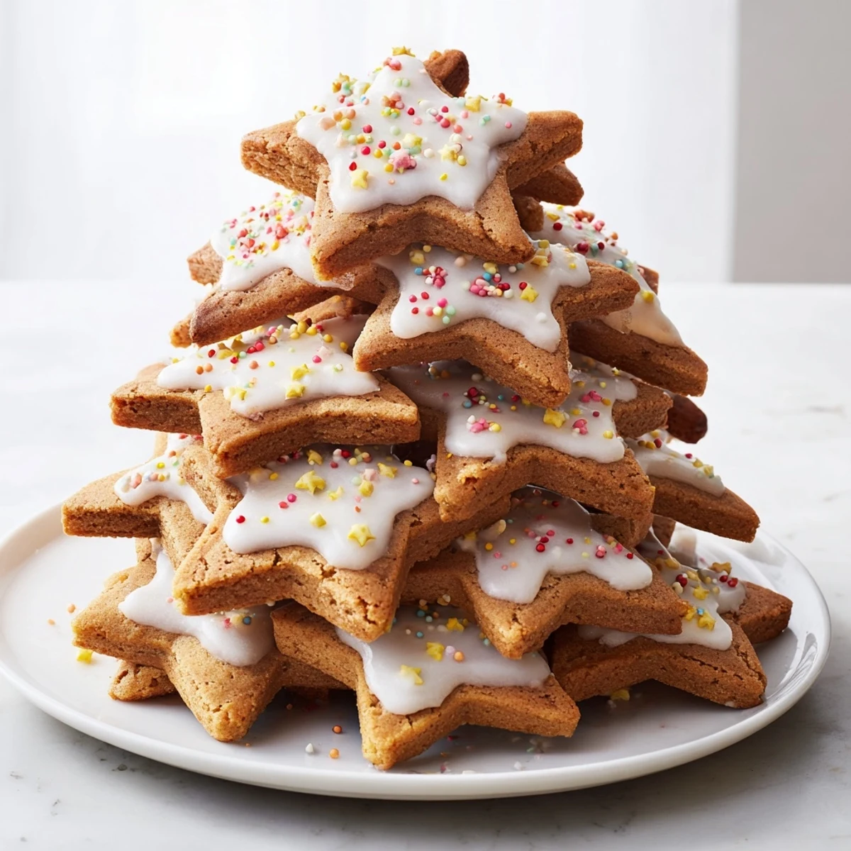 A beautifully decorated French Gingerbread Tree with star-shaped cookies stacked high.